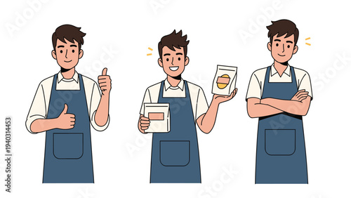 Male shopkeeper or baker character in three poses wearing a blue apron and holding bags of products or standing confidently.
