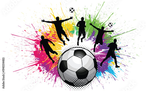 Action soccer silhouettes with players jumping and running around large football with colorful paint splatters vector illustration isolated on white background for sports.