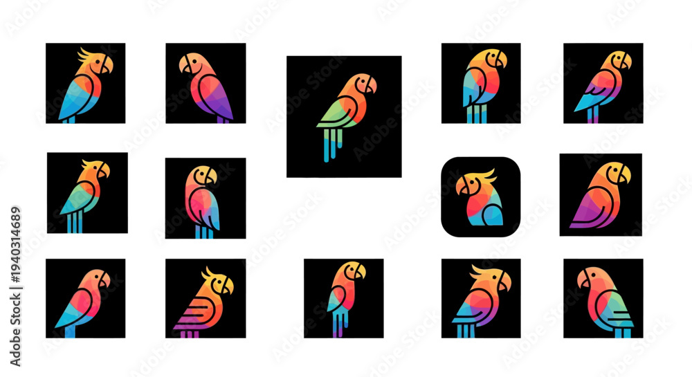 Fototapeta premium Colorful parrot icon set on black background vector graphics for design