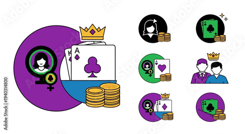 Casino game symbols with playing cards coins and crowns in colorful illustrations