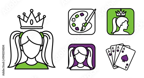 Graphic icons of princess art supplies playing cards and girl profile