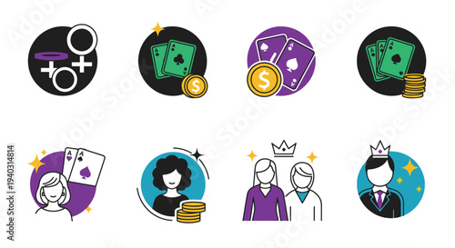 Casino game symbols poker cards woman and coins icons in flat design style