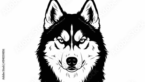 Wallpaper Mural Intense Husky Dog Portrait, Black and White, Fierce Expression, Wild Animal, Graphic Style Torontodigital.ca