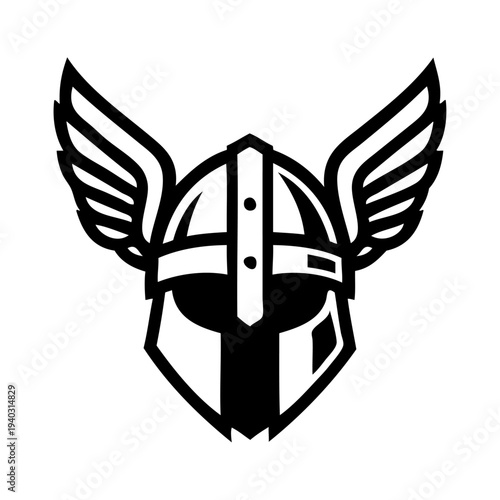 Logo casco vikingo nórdico. Icono con casco bárbaro con alas de ave