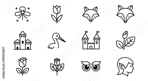 Minimalist line art illustrations of nature animals and buildings for design