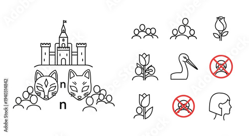 Collection of minimalist line art icons depicting various symbols and concepts