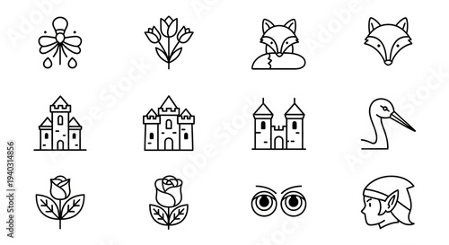 Minimalist icon set animals flowers structures and fantasy characters
