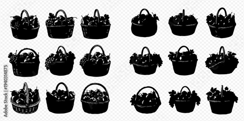Set of black silhouettes of baskets filled with berries and leaves, on a transparent background, vector illustration.