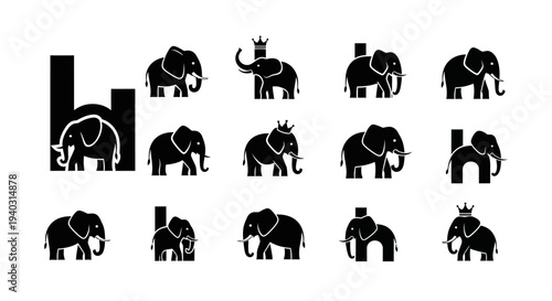 Collection of black and white elephant illustrations and logo designs
