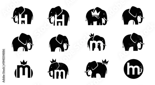 Elephant logos and icons collection in black and white design elements