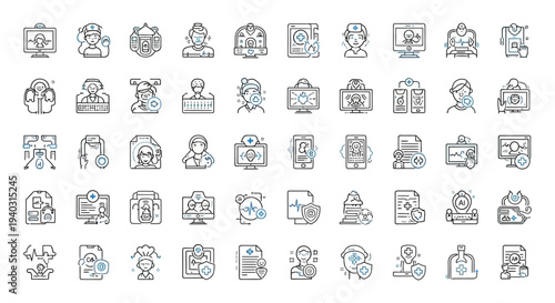Comprehensive collection of IT and cybersecurity outline icons in an organized grid, isolated white background.