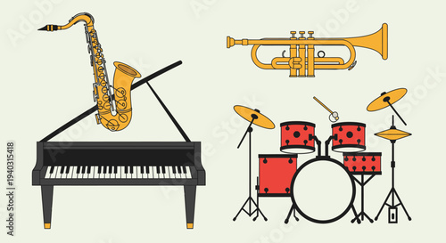 Piano, Saxophone, Trumpet, and Drum Set Illustration Featuring Musical Instruments in a Harmonious Arrangement