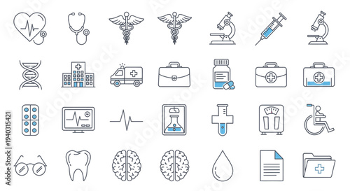 Collection of Medical Icons Representing Healthcare and Technology Symbols