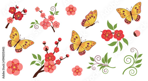Vibrant butterflies and flowers in full bloom viewed from directly above in a lively illustration