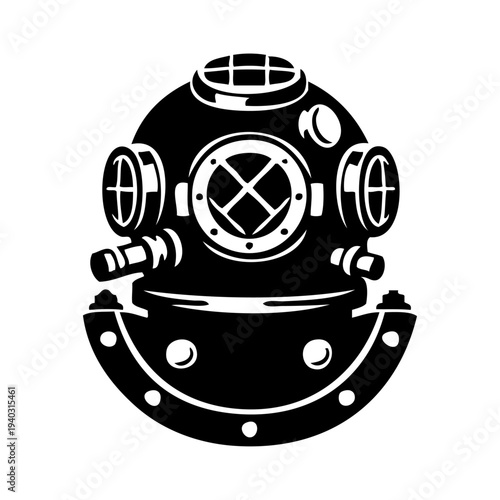 Logo club de submarinismo. Casco de buceo antiguo. Equipo de buceo antiguo.