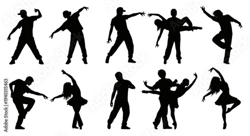 Silhouetted figures in various dance and action poses, showcasing dynamic movement and fluidity in a minimalist composition.