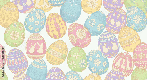 A vibrant assortment of intricately decorated Easter eggs displayed closely together