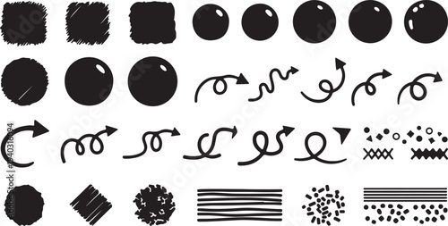 A collection of black abstract shapes including squares, circles, curly arrows, and random dots on transparent background