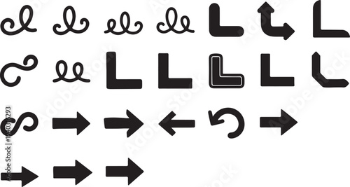 Assorted hand-drawn curly shapes, L-shaped arrows, and straight arrows in black on transparent background