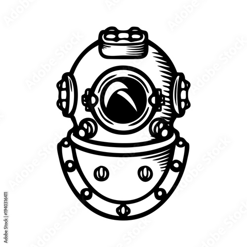 Logo club de submarinismo. Casco de buceo antiguo. Equipo de buceo antiguo con líneas 
