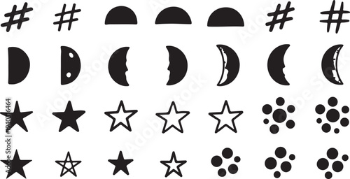Celestial moon phases stars hashtag symbols and decorative dot patterns in hand drawn black ink style for design layouts