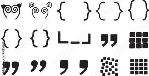 Collection of hand drawn brackets, quotation marks, curly braces, and square grid patterns, diverse doodle elements