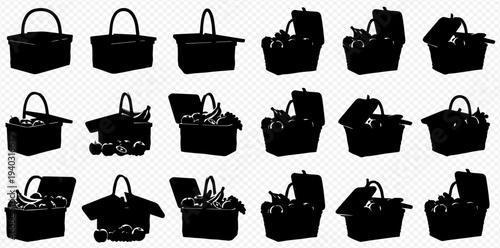 Set of various black silhouettes of picnic baskets, some filled with food, on a transparent background, perfect for outdoor and leisure themes.