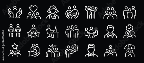 Business people, human resources, team work icons pack. Line signs crowd, office worker and employees group, staff people. Thin vector icons set for web and app outline editable stroke. 