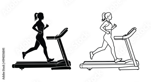 Woman running on a treadmill depicted in a stark black silhouette