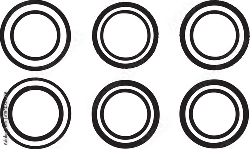 Double ring circle frame icons set with thick black outlines and minimalist geometric style for logo and label template