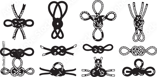 Decorative marine rope knots set with various loop styles and intertwined cord designs for nautical graphic art project