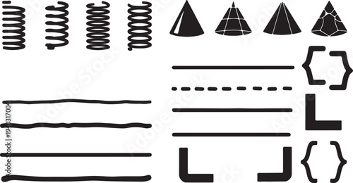 Metal coil spring icons with horizontal line dividers plus cone shapes and bracket punctuation marks on checkerboard