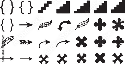Set of abstract vector icons with different shapes including curly braces, arrows, and decorative elements
