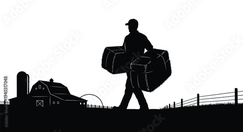 Farmer carrying hay bales across a rural landscape silhouette