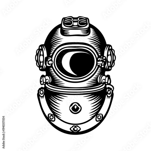 Logo club de submarinismo. Casco de buceo antiguo. Equipo de buceo antiguo con líneas 