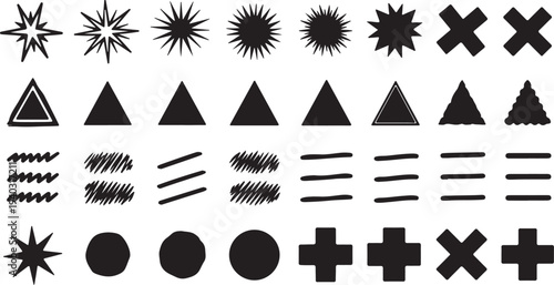 Set of hand drawn geometric shapes including stars triangles circles crosses and sketchy lines on transparent background