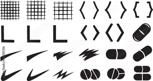 Set of grid patterns, brackets, swooshes, and pill shapes for design purposes on transparent background