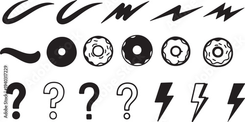 Set of lightning bolts donuts question marks and swoosh strokes in hand drawn style for comic and cartoon design assets