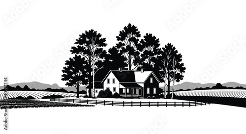 Vintage farmhouse and trees in a rural landscape silhouette