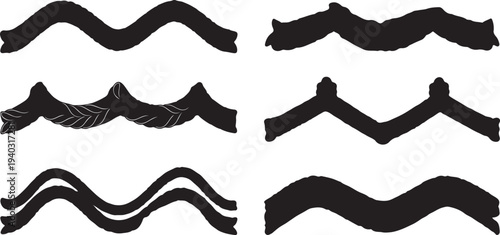 Set of six black wavy and zigzag decorative border elements with various textures on transparent background
