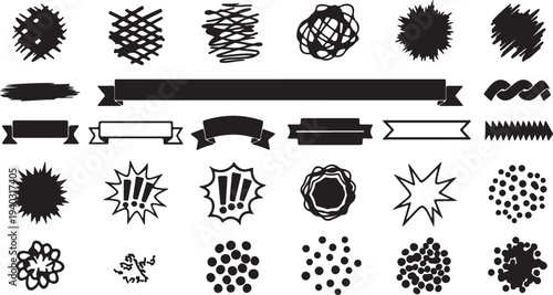 Variety of textured elements, banners, speech bubbles, and random patterns for design on transparent background