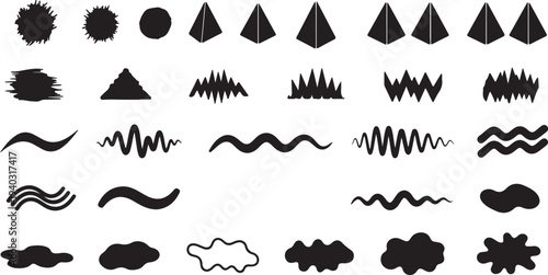 Various black vector graphics including abstract shapes geometric figures and sound wave forms on transparent background