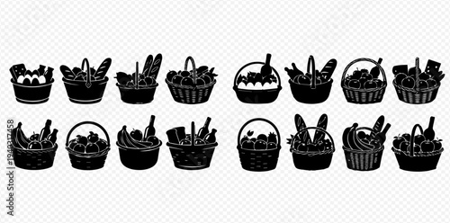 Set of various food and drink baskets in black silhouette style, perfect for graphic design elements.