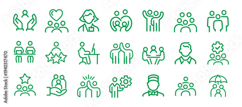 Business people, human resources, team work icons pack. Line signs crowd, office worker and employees group, staff people. Thin vector icons set for web and app outline editable stroke. 