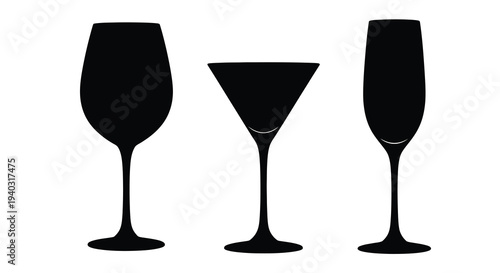 Three different wine glasses displayed in a stark black silhouette