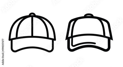 Two black and white illustrations of baseball caps simple silhouette
