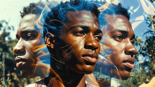 Young black man triple exposure portraits in outdoor setting.