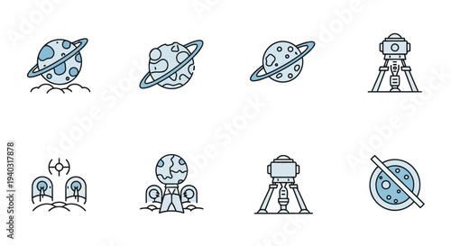 Space exploration and planetary icons set. futuristic celestial bodies and lunar surface research. planets, satellites, space station, probe, rover, earth, galaxy, cosmos, science, technology