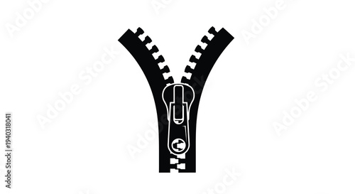 A black zipper is partially open against a white background silhouette