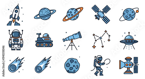 Space and universe icons set, rocket launch, planets, satellites, astronaut, rover, telescope, constellation, UFO, comets, asteroid, space exploration, celestial objects, cosmic elements